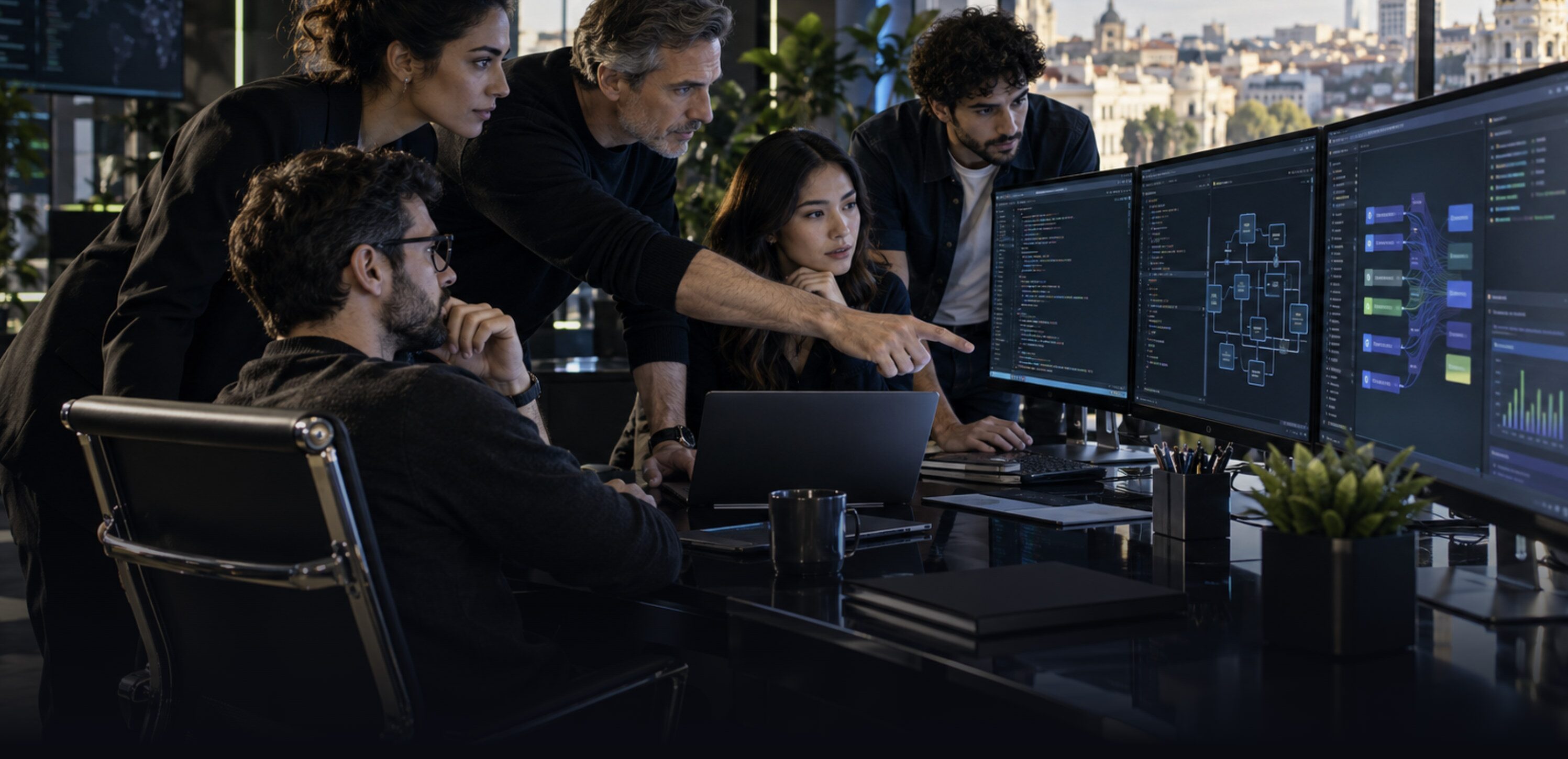 Equipo de Business Avance revisando la arquitectura de un sistema en pantalla